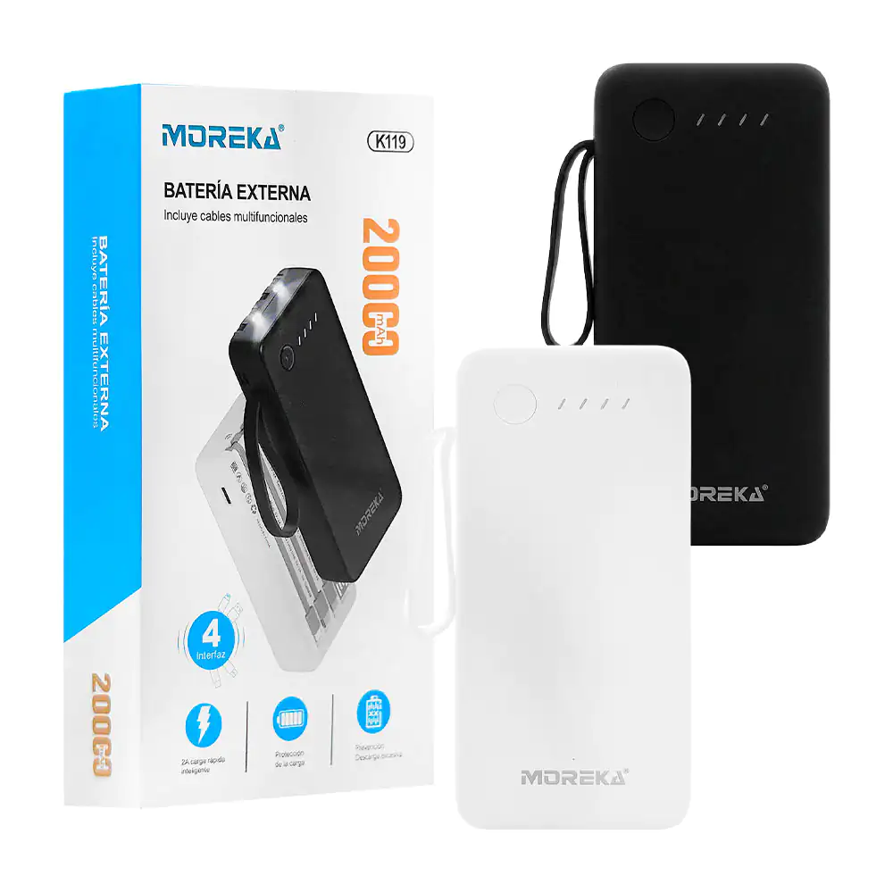 Power bank moreka 20000mah + cables tipo c micro usb y lightning - phone / k119