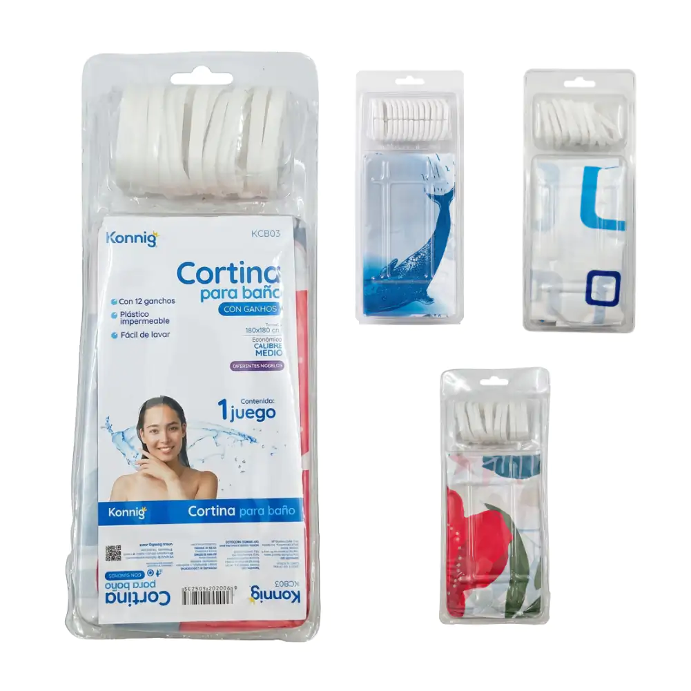 Cortina de plástico para baño 180x180cm con 12 aros para colgar, variedad de diseños / kcb03