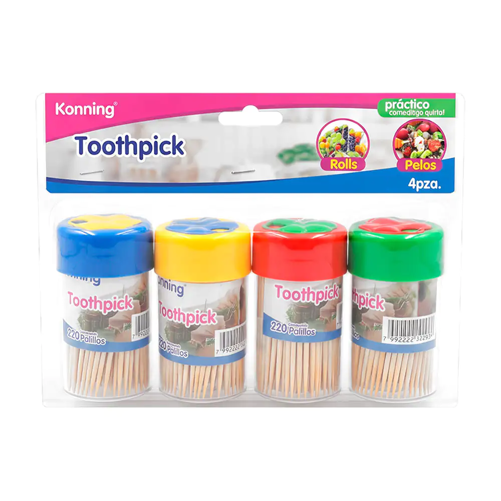 Blíster de 4 botes con 220 palillos dentales de madera y tapa de flor, variedad de colores / kg-999