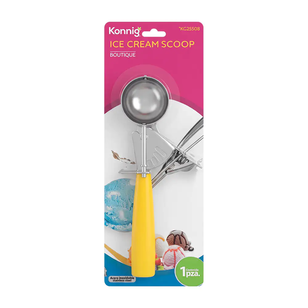 Cuchara despachadora chica para bolas de nieve / helado con mango de plástico color amarillo / kg25508