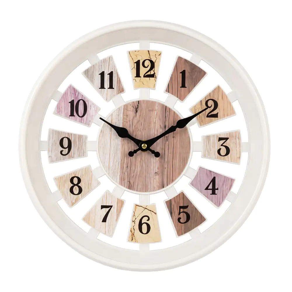 Reloj redondo 29cm para pared con marco blanco, números con textura a madera / ks054