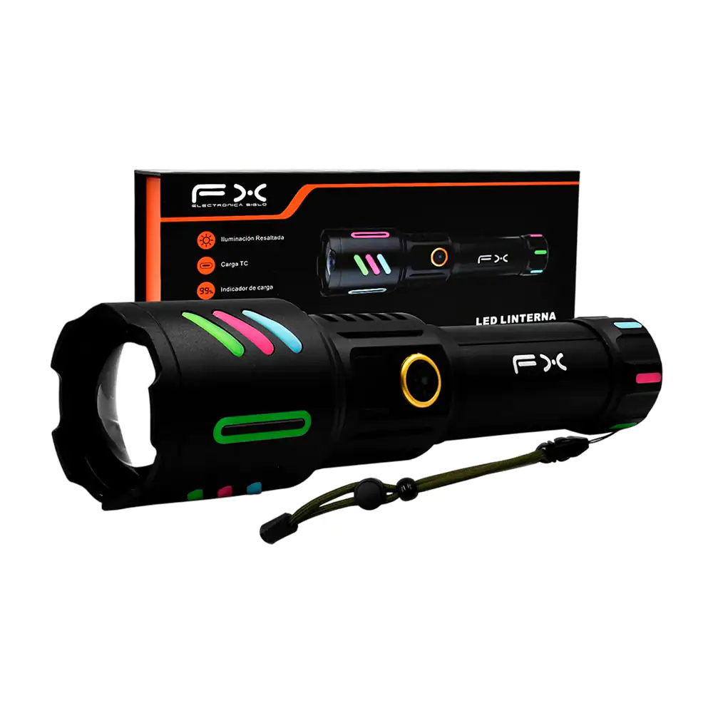 Lámpara linterna recargable fx con zoom ajustable, agarre antideslizante e indicador de batería