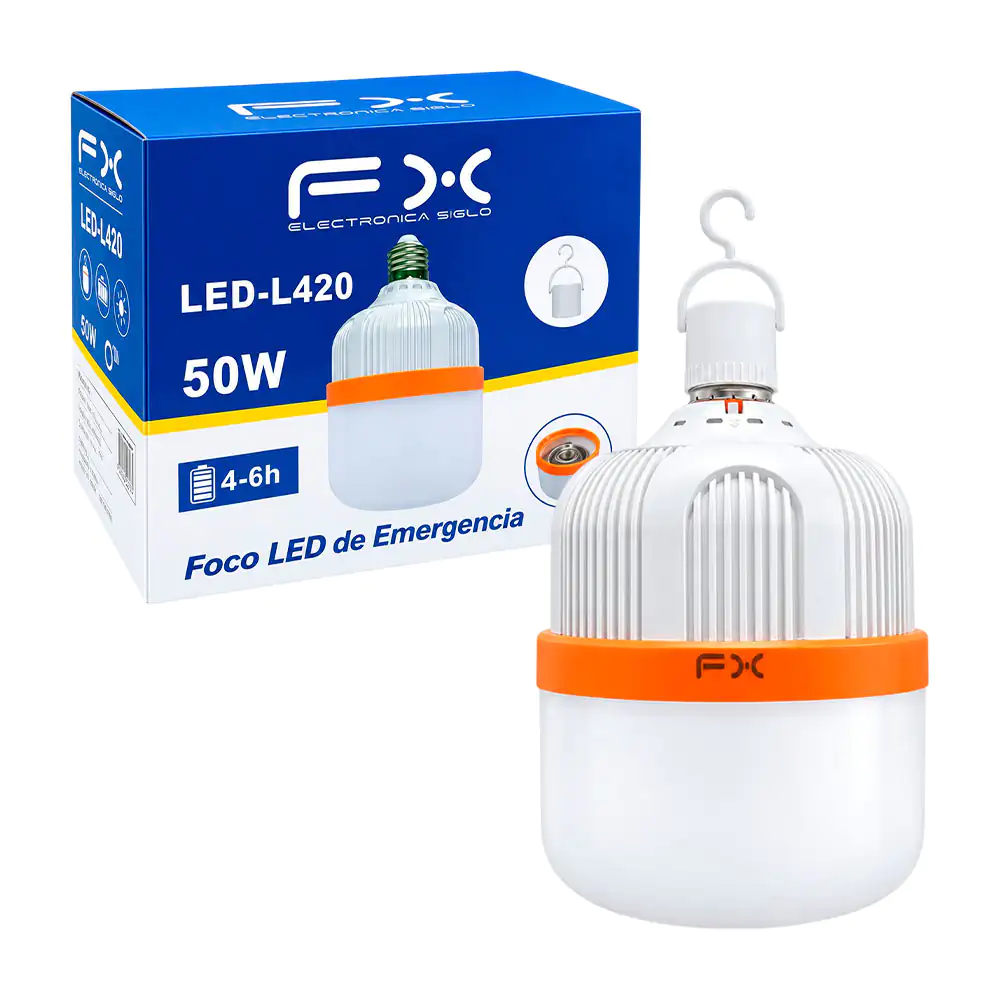 Foco - bombilla led recargable fx con gancho y potencia de 50w para emergencias