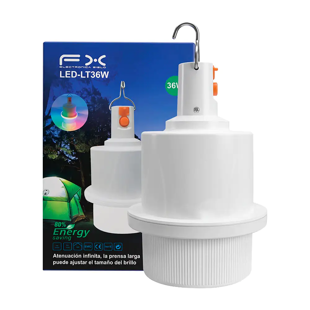 Foco - bombilla fx recargable con luz rgb, gancho y potencia de 36w para emergencias 