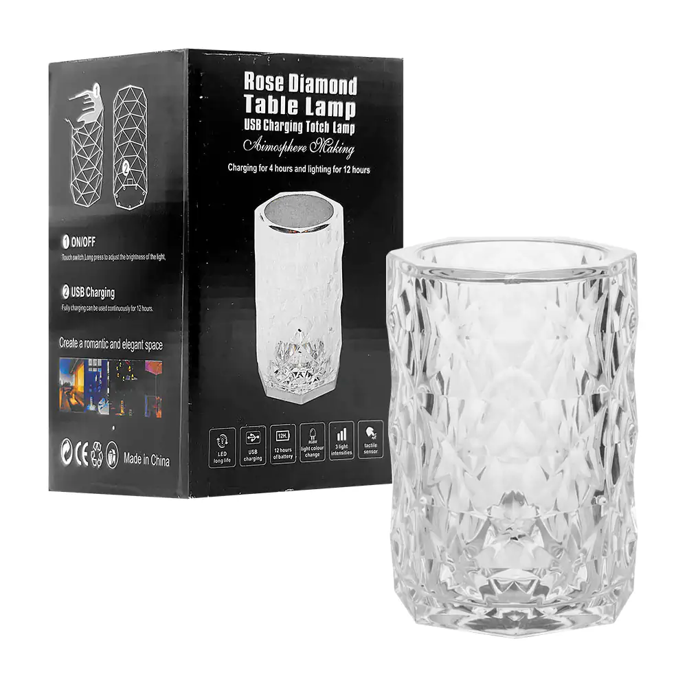 Lámpara de mesa con diseño diamante de cristal, carga usb + iluminación ambiental, variedad de tonos