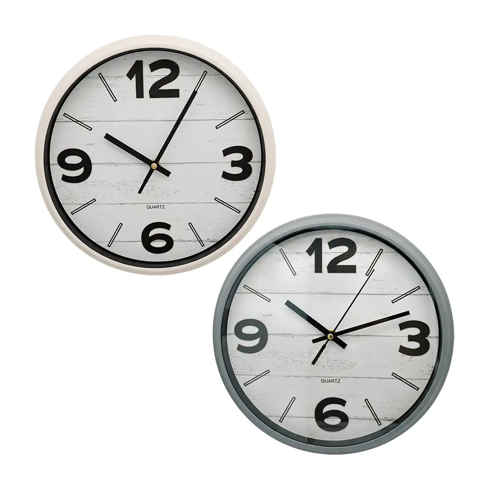 Reloj redondo de pared quartz con números en cuartos y líneas horizontales, 30cm, variedad de colores