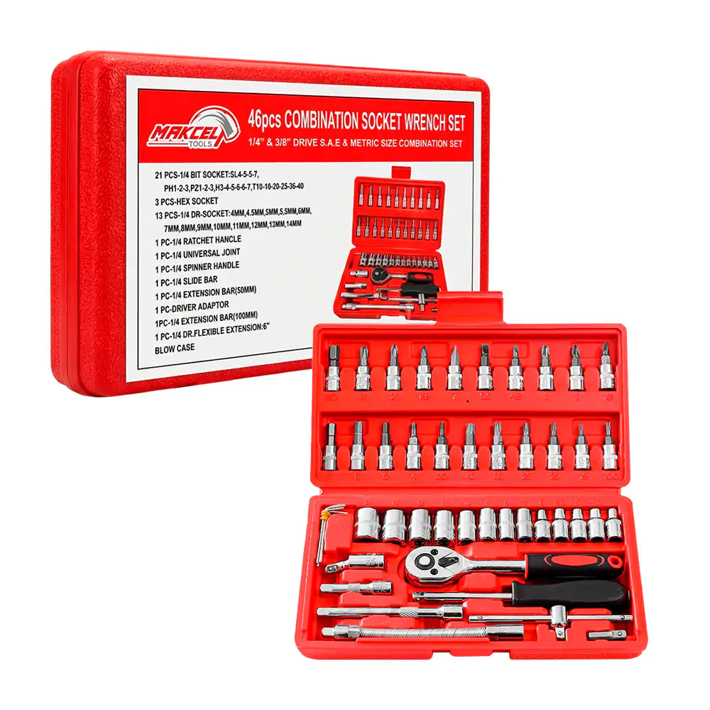 Estuche de 46 herramientas makcel tools con matraca, desarmador, dados y extensiones intercambiables 