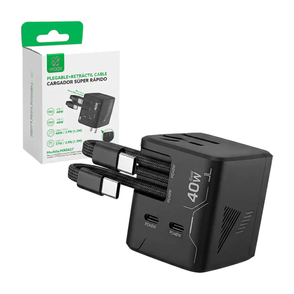 Cargador de pared con entrada usb-c1, usb-c2 + cable tipo c retráctil…