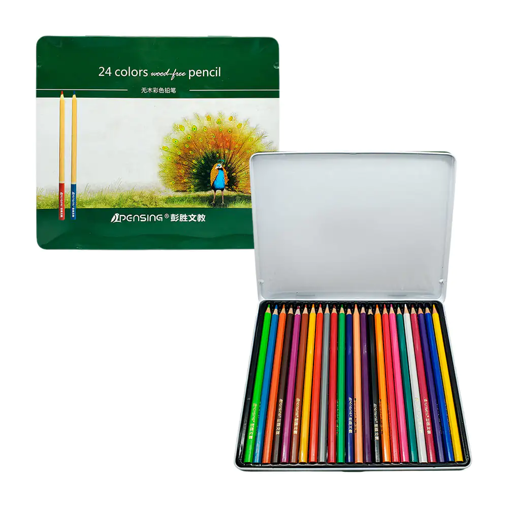 Estuche metálico pensing con 24 lápices de colores de cera, variedad de colores surtidos / ps-302 