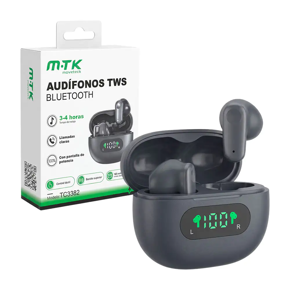 Audífonos inalámbricos bluetooth con diseño ergonómico, estuche con pantalla digital / tc3382