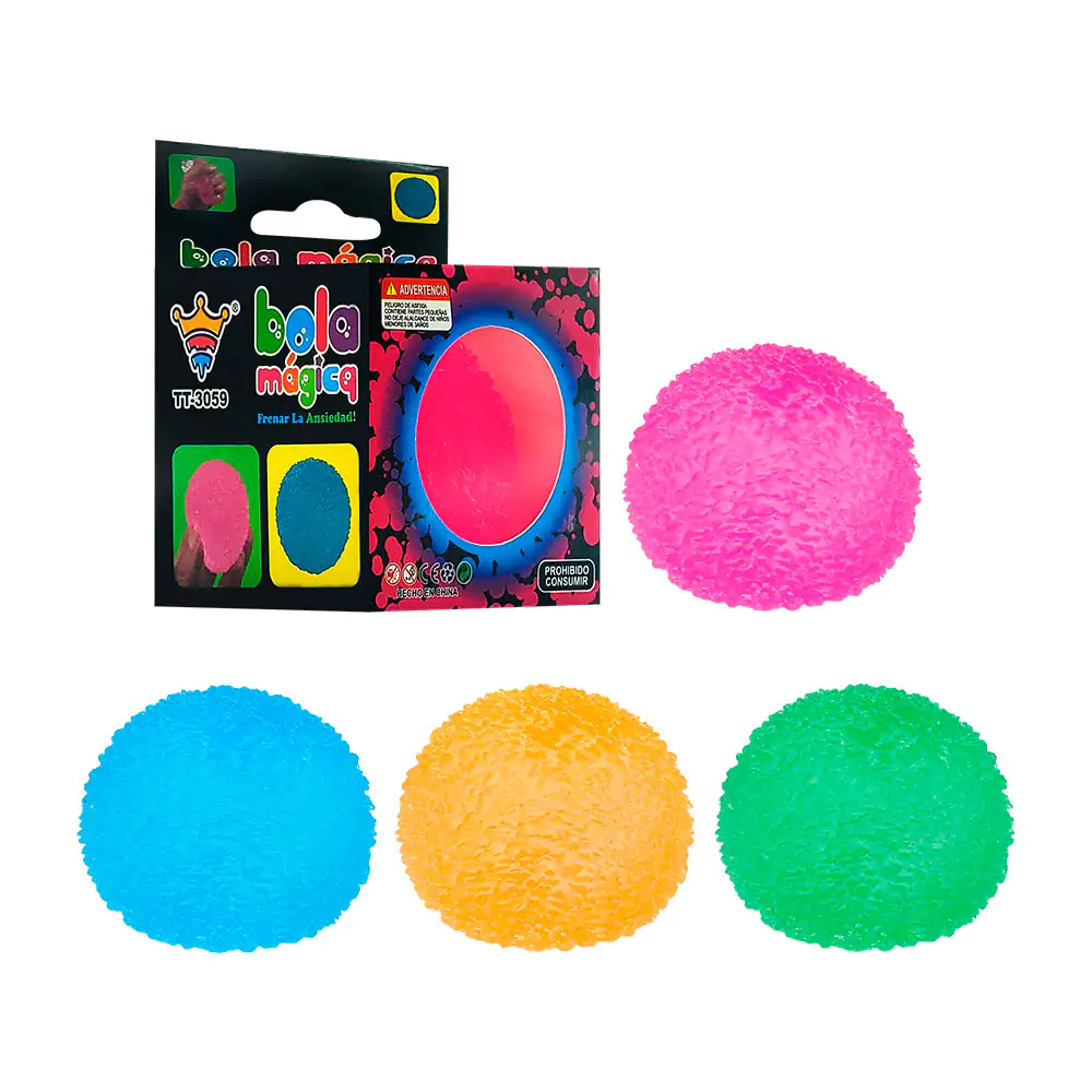 Squeeze antiestrés en forma de pelota con textura rugosa, variedad de colores
