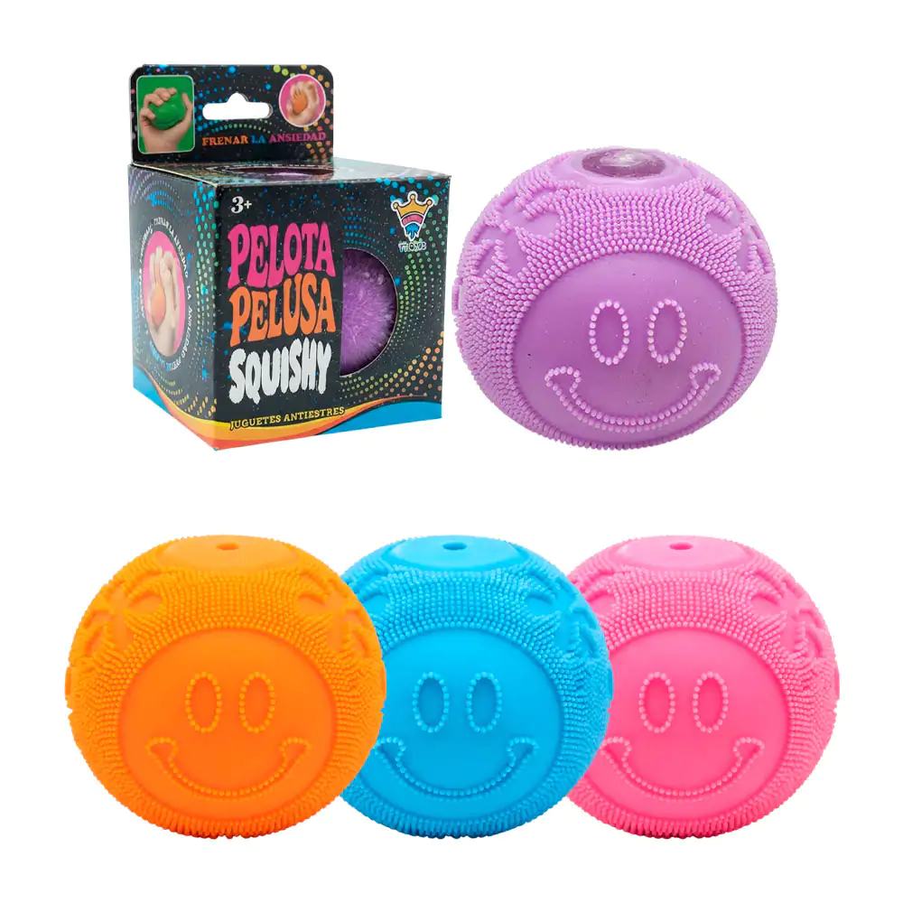 Squeeze antiestrés en forma de pelota con carita feliz y flores, rell…