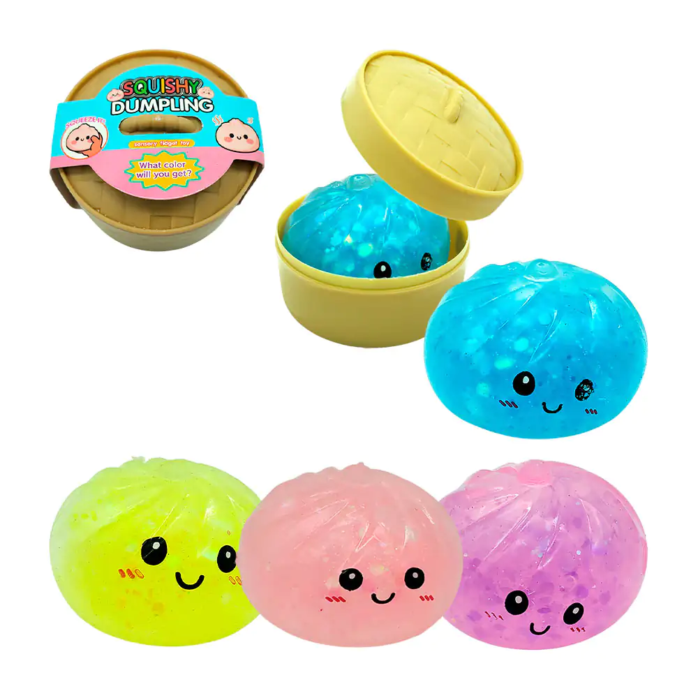 Mini squeeze misterioso en forma de dumplings con glitter, estuche tipo vaporera de bambú