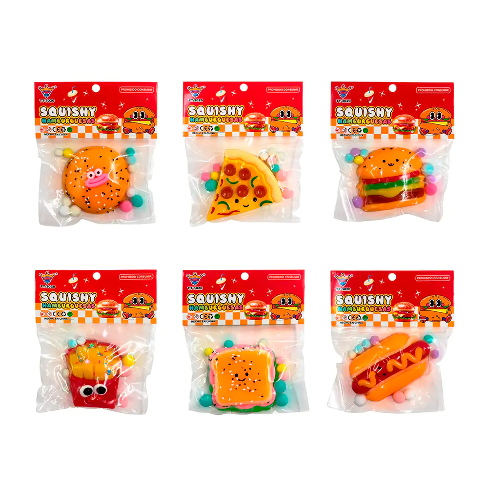 Squeeze antiestrés tipo gel en forma de comida rápida + mini pompones…
