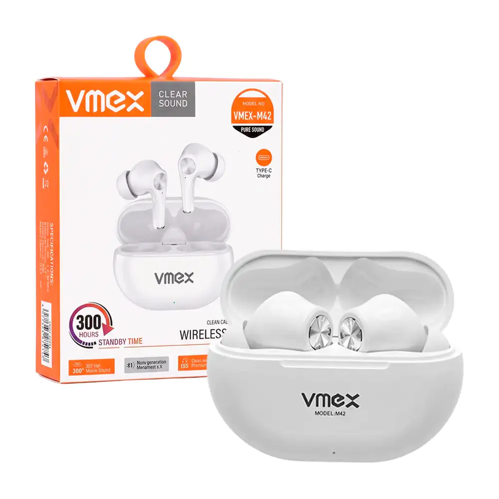 Audífonos bluetooth vmex con detalles metálicos, manos libres + estuche de carga