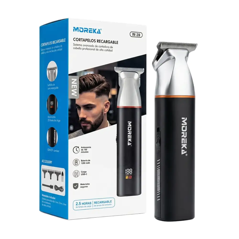 Afeitadora electrica portatil recargable, diseño cilíndrico con 3 peines + accesorios / w-39