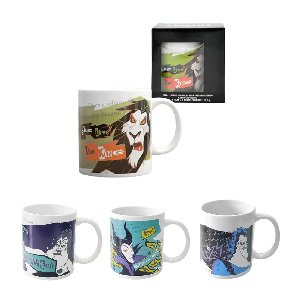 Taza villains con estampado + chocolates o polvo para preparar chocolate, variedad de estampados
