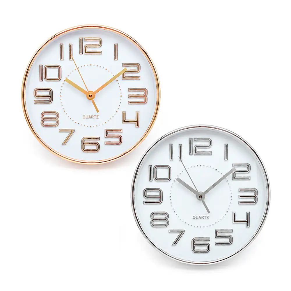 Reloj redondo de pared quartz con números y marco color metálico, 20cm, variedad de colores