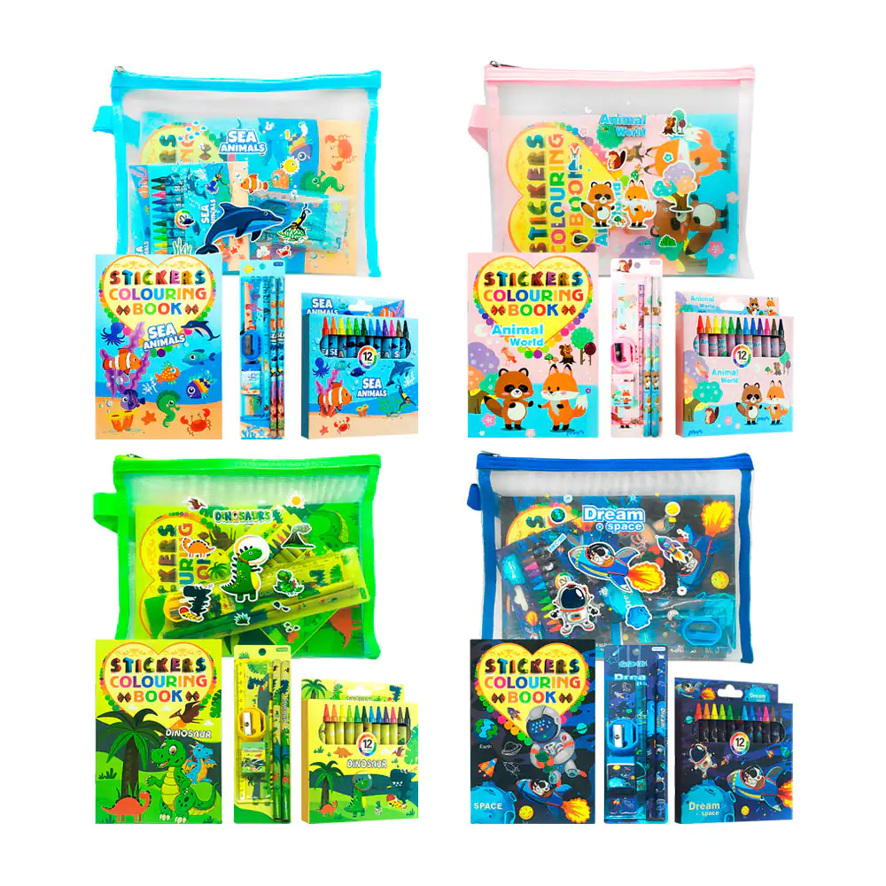 Bolsa tipo colorera con crayones, lápices, regla, borrador, sacapunta…