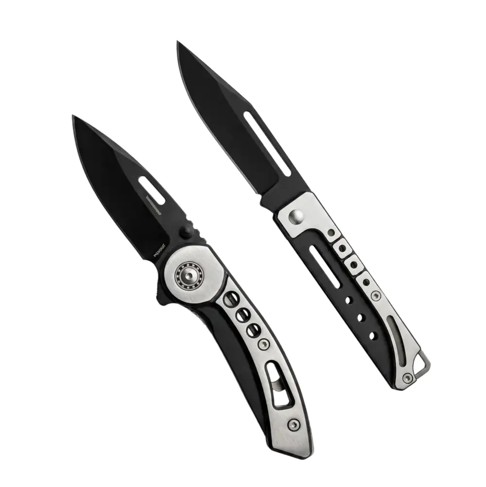 Navaja táctica de uso personal, cuchilla plegable mango plata con negro, variedad de diseños / 5294