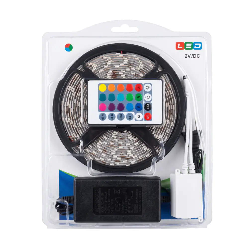 Tira de luz led rgb de 5mtrs con eliminador tomacorriente y conexión bluetooth / led-5050