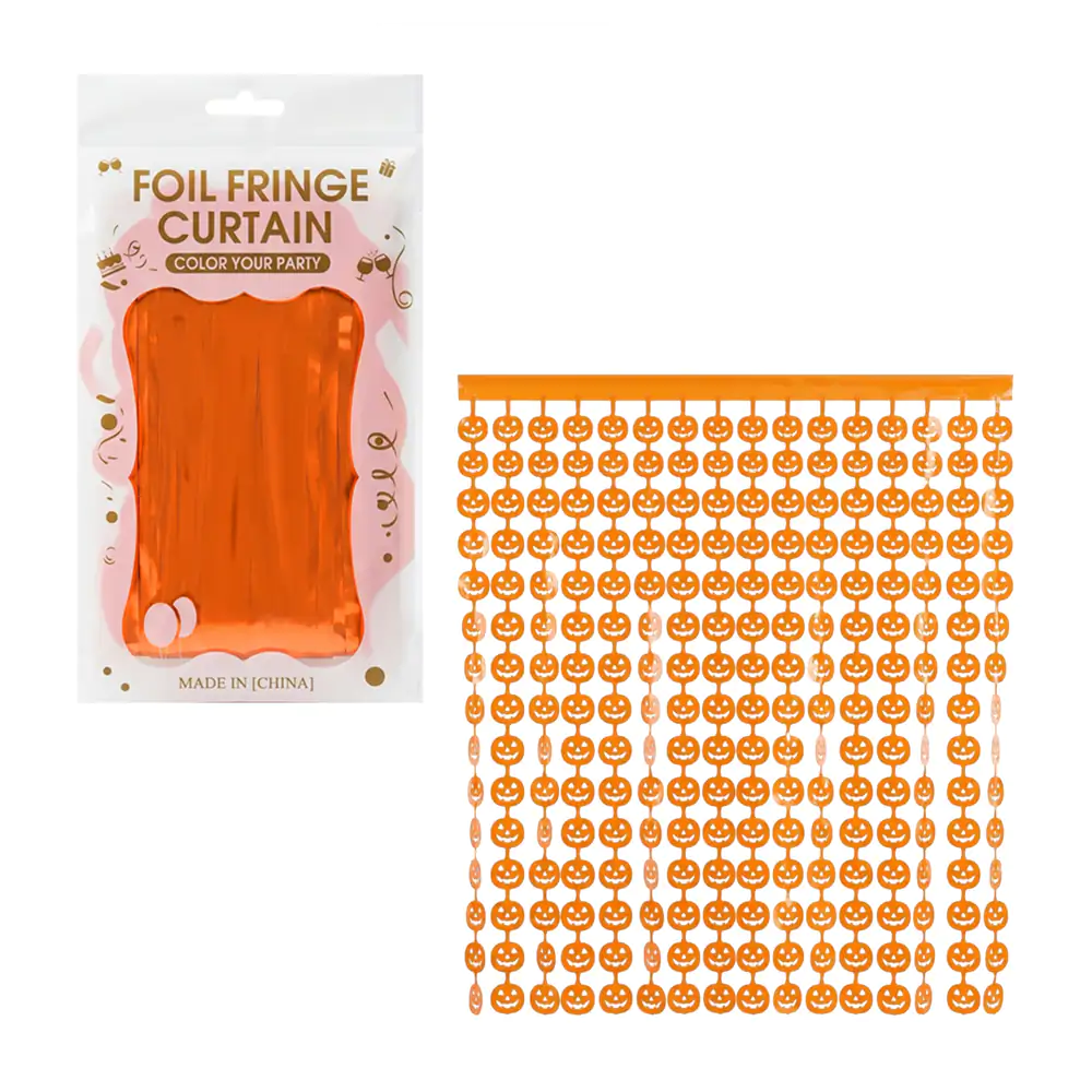 Cortina foil fringe curtain en color naranja con diseño de calabazas para fiesta de halloween