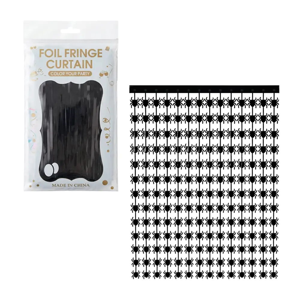 Cortina foil fringe curtain en color negro con diseño de arañas para fiesta de halloween / gui-5000