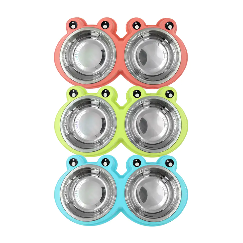 Plato doble redondo de plástico + platos de acero inoxidable con diseño de rana para mascota