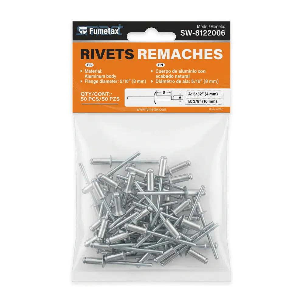 Bolsa con 50 pzas, remaches fumetax de aluminio con ala de 8mm / sw-8122006