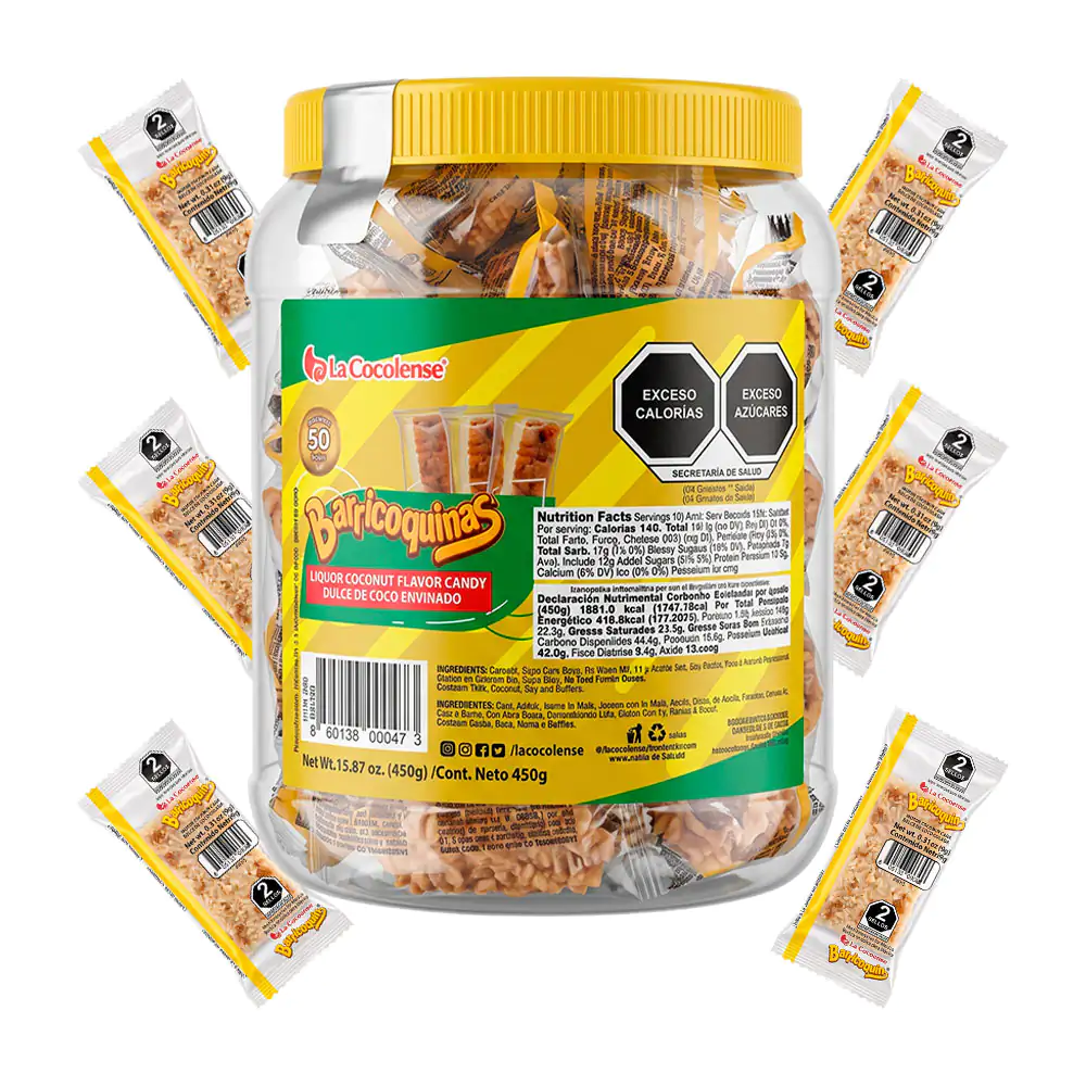 Vitrolero con 50 mini cocadas barricoquinas sabor envinado, 450g