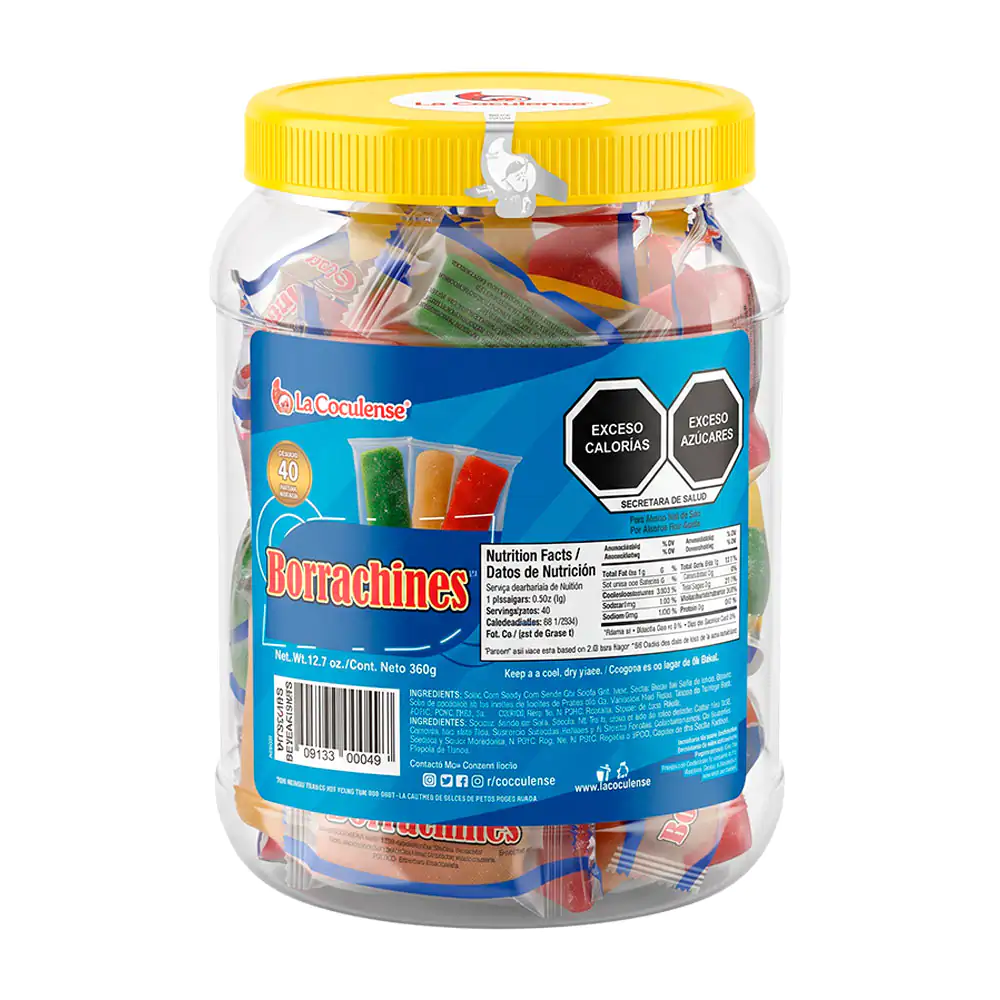 Vitrolero con 40 mini rollitos tipo borrachitos de diferentes sabores, 360g / borrachines