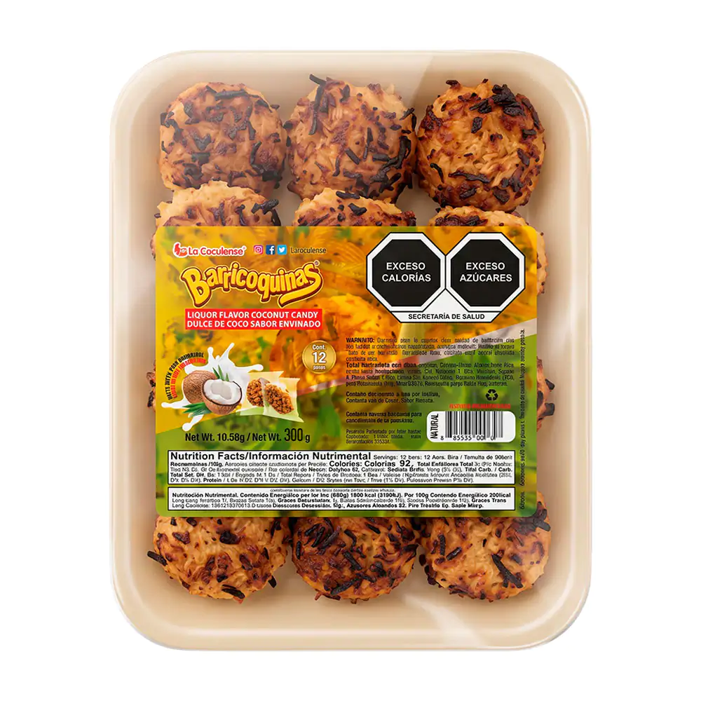 Charola con 12 cocadas barricoquinas tipo tortita sabor envinado, 300g