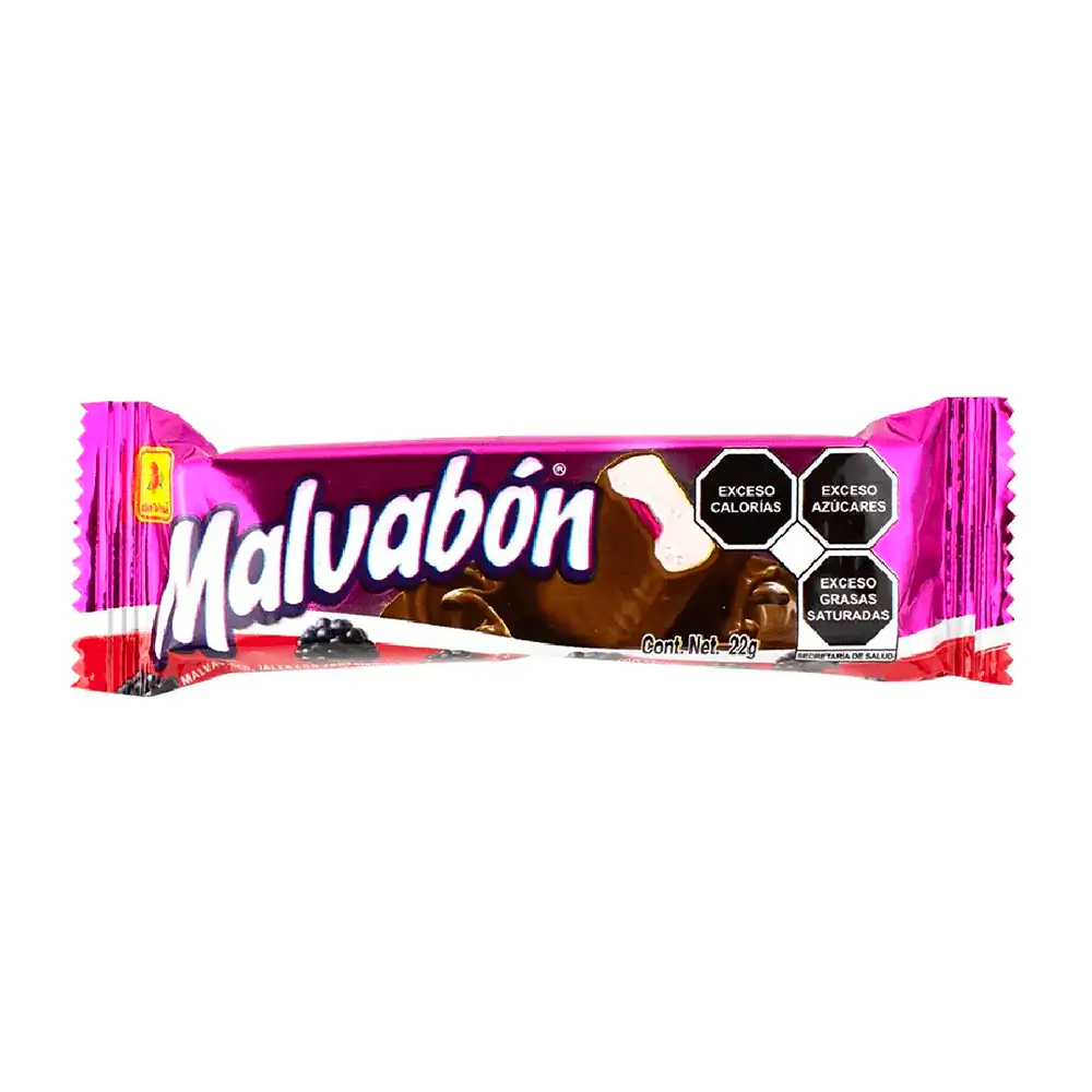 1pza de malvabón, malvavisco relleno de jalea con sabor a zarzamora cubierto de chocolate 22g / 001687