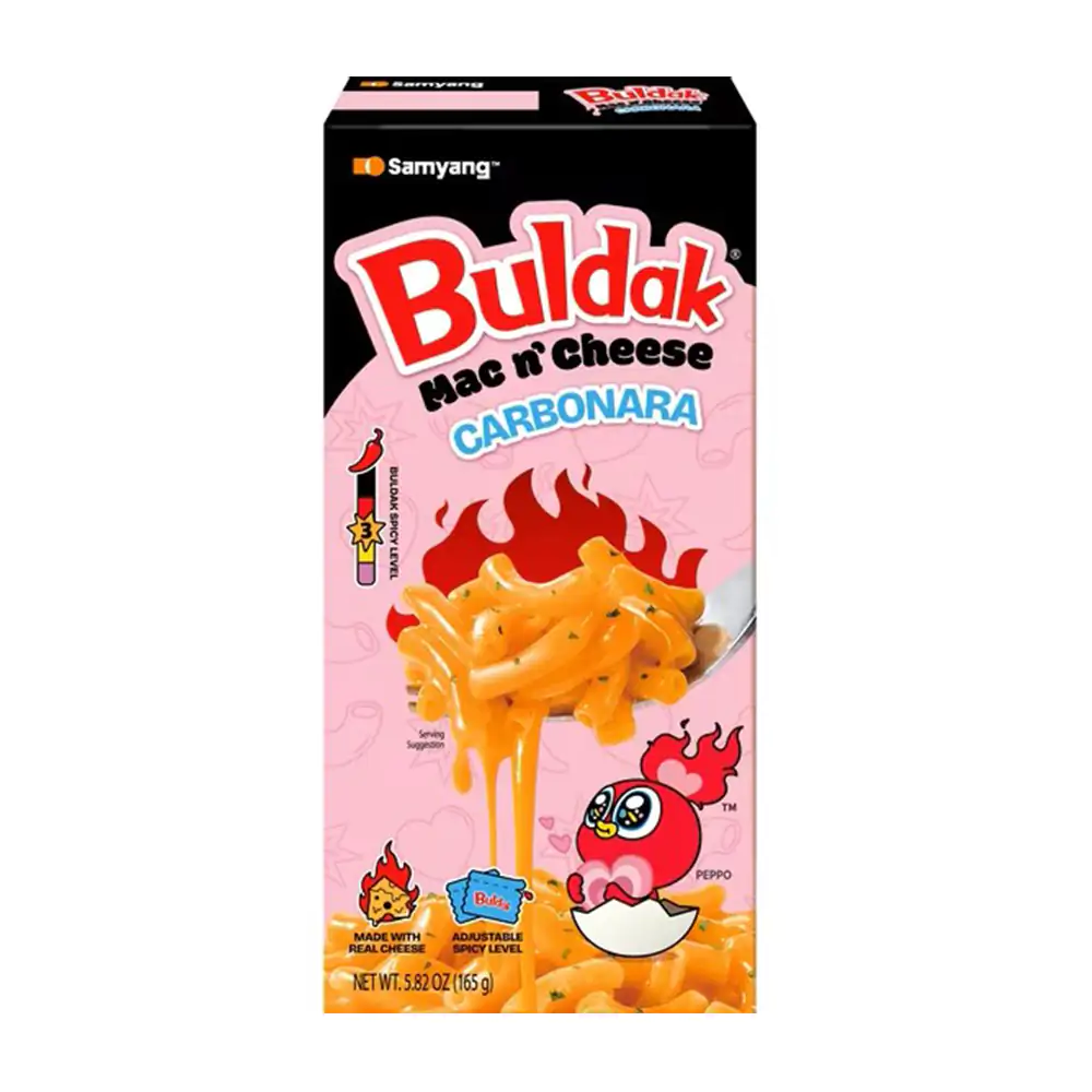 Buldak mac n´ cheese carbonara, macarrón con queso sabor carbonara leve picante, 165g / 001960
