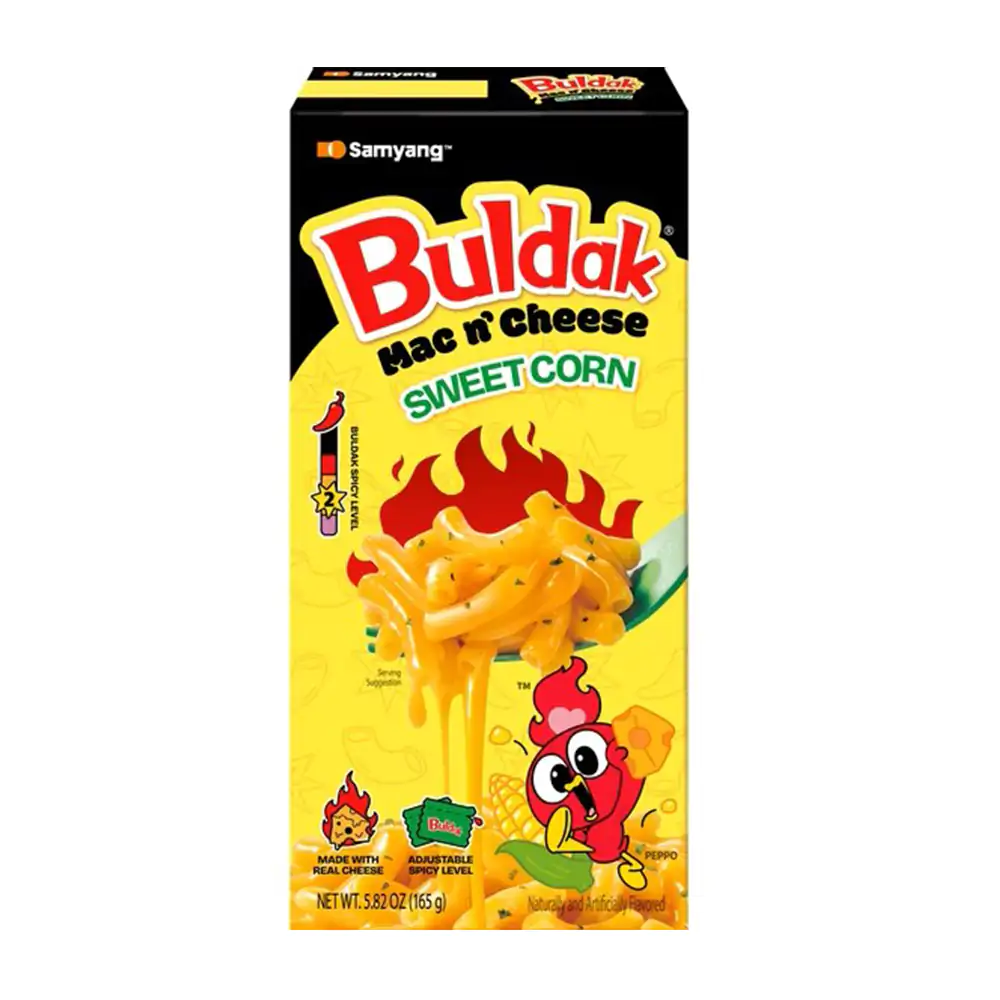 Buldak mac n´ cheese sweet corn, macarrón con queso sabor elote dulce leve picante, 165g / 001977