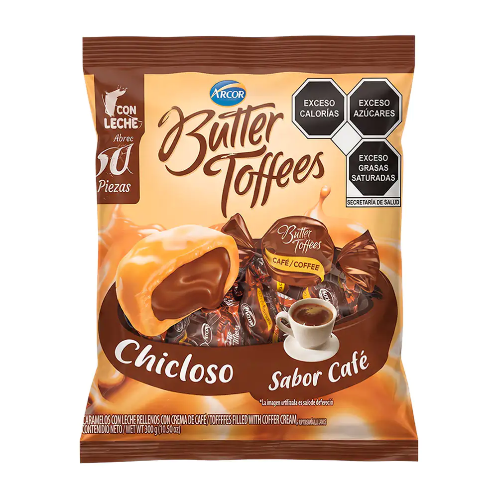 Bolsa con 300g de butter toffees arcor, caramelo con leche relleno de crema de café, 50pzas / 005226