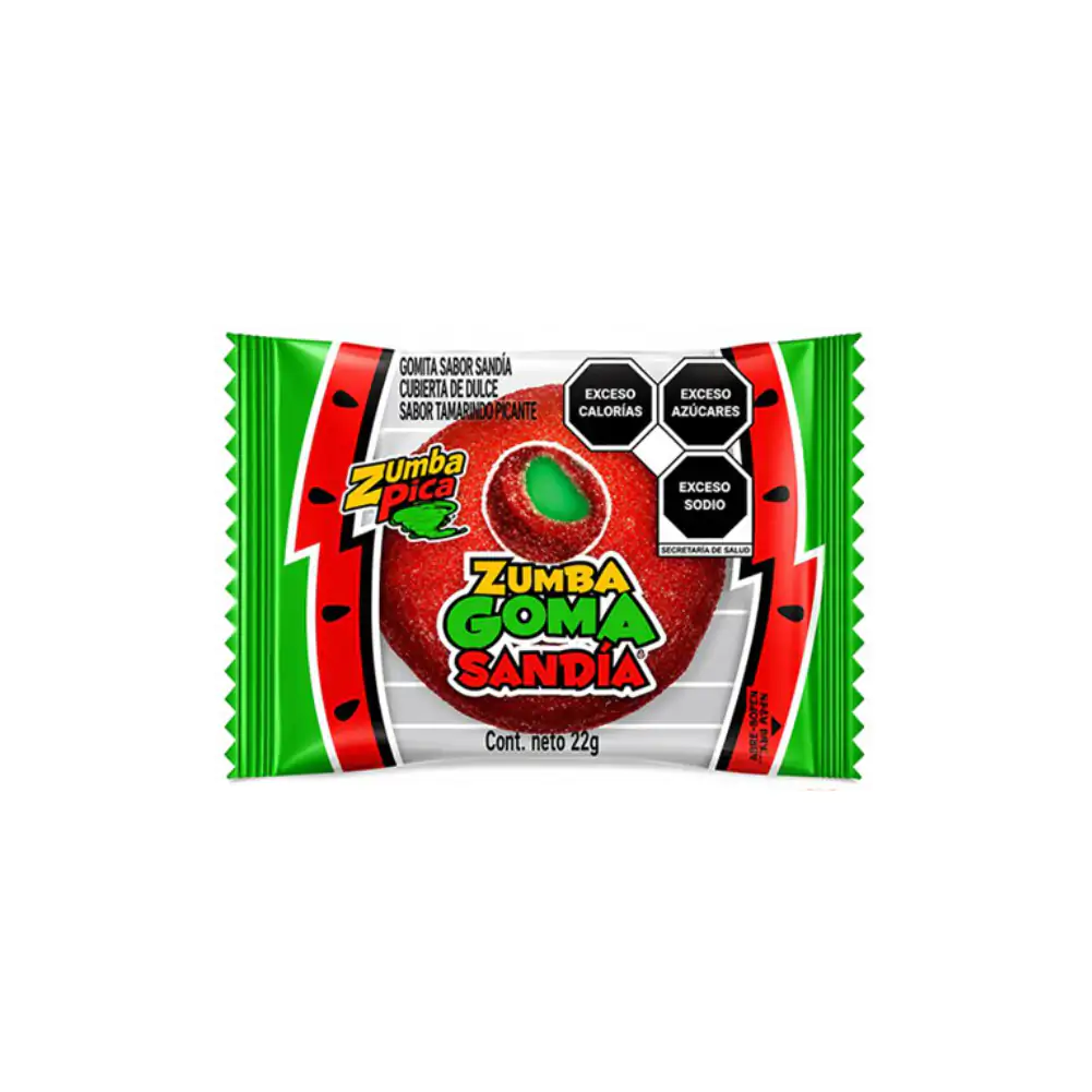 1pza zumba goma sandía, gomita sabor sandía rellena de dulce sabor tamarindo, 22g / 005251
