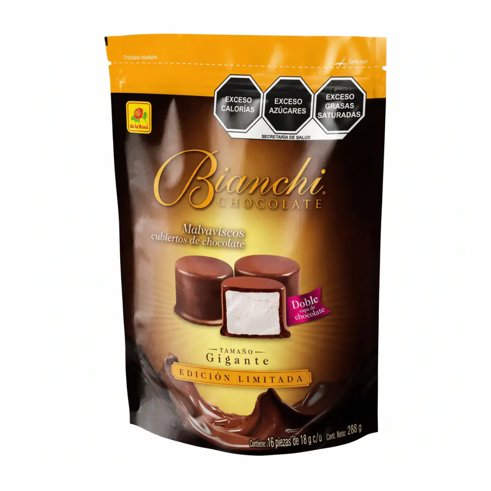 Bolsa con 16pzas de malvaviscos tamaño gigante con doble capa de chocolate 288g / 008488