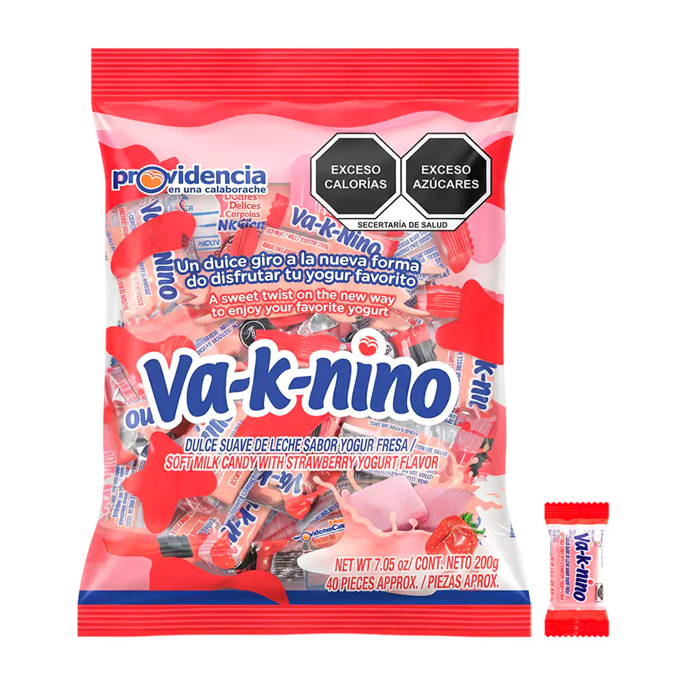 Paquete de dulce suave de leche sabor yogur fresa Va-k-nino, 20pzs, 200g / 010921