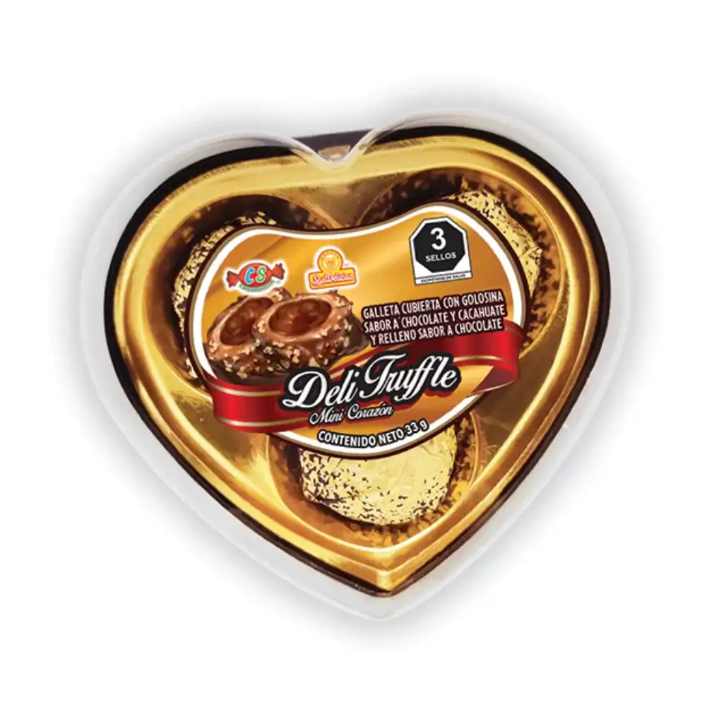 Estuche corazón, 3pzas galleta cubierta y rellena de chocolate y cacahuate, deli truffle delicias