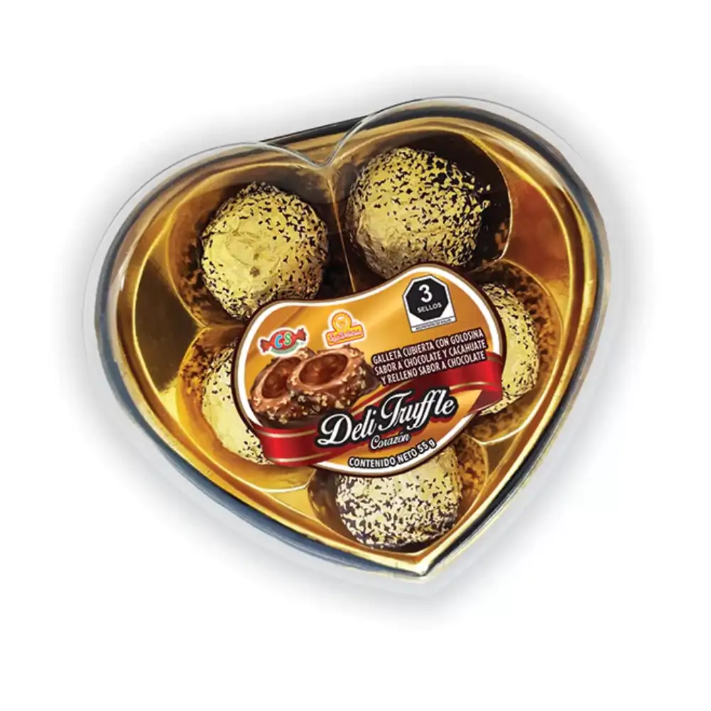 Estuche corazón, 5pzas galleta cubierta y rellena de chocolate y cacahuate, deli truffle delicias