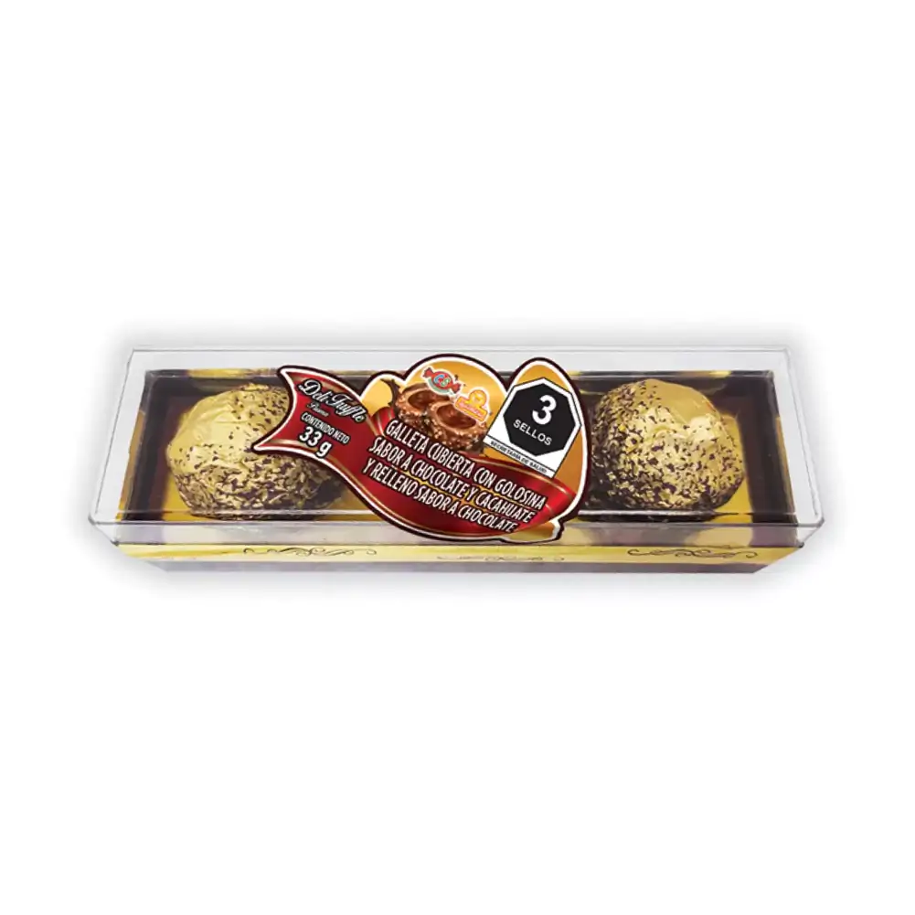 Estuche prisma 3pzas galleta cubierta y rellena de chocolate y cacahuate, deli truffle delicias