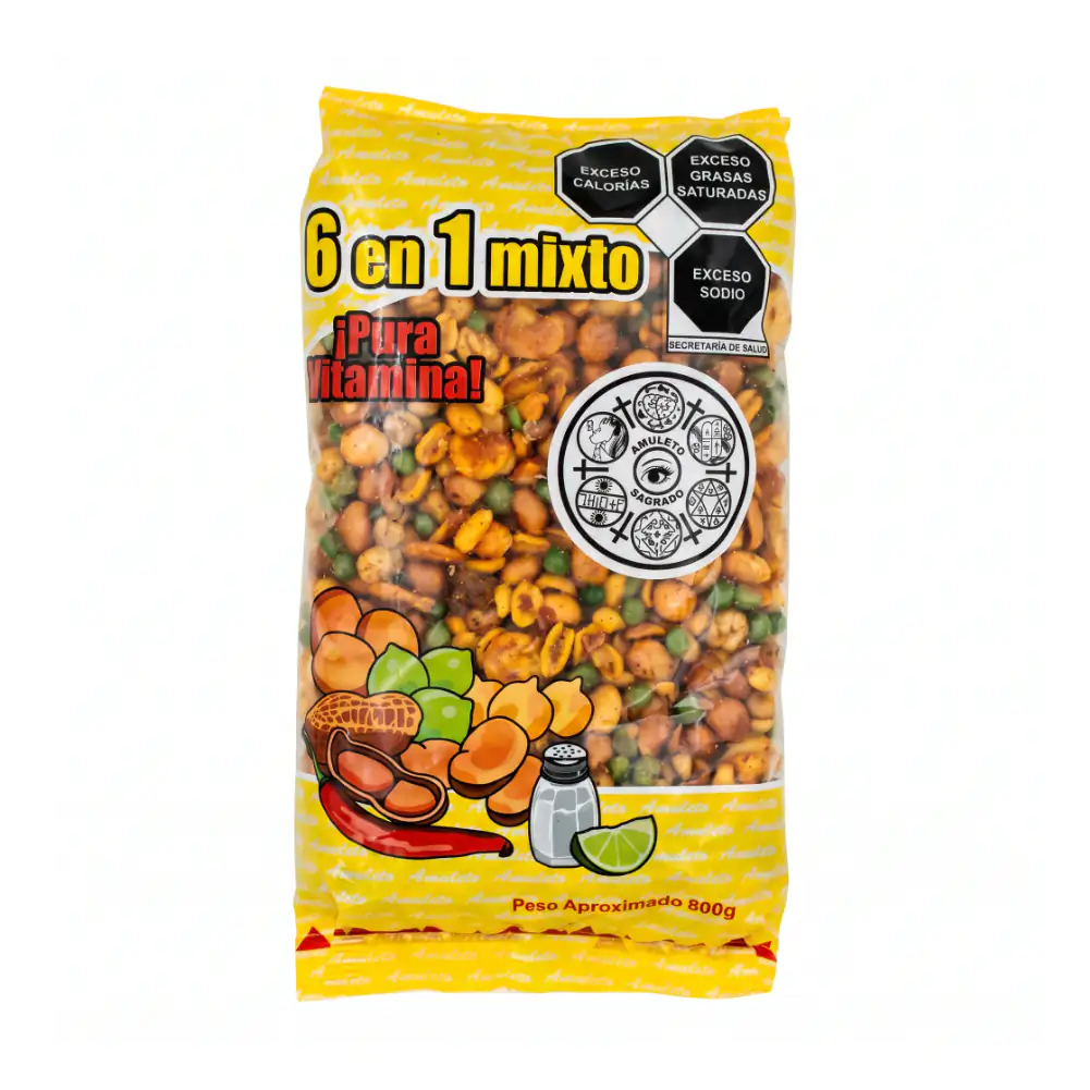 Bolsa con 800g de botana mixta 6 en 1, cacahuate, chicharo y haba con chile y sal / 052012
