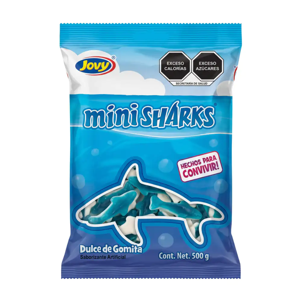 Bolsa de gomitas jovy en forma de minis tiburones sabor blueberry, 500g / 089888