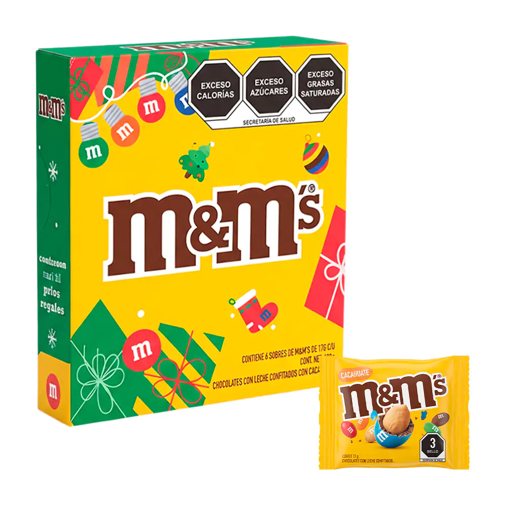 Caja con 6 mini sobres de chocolate con leche m&m´s rellenos de cacahuate, 102g