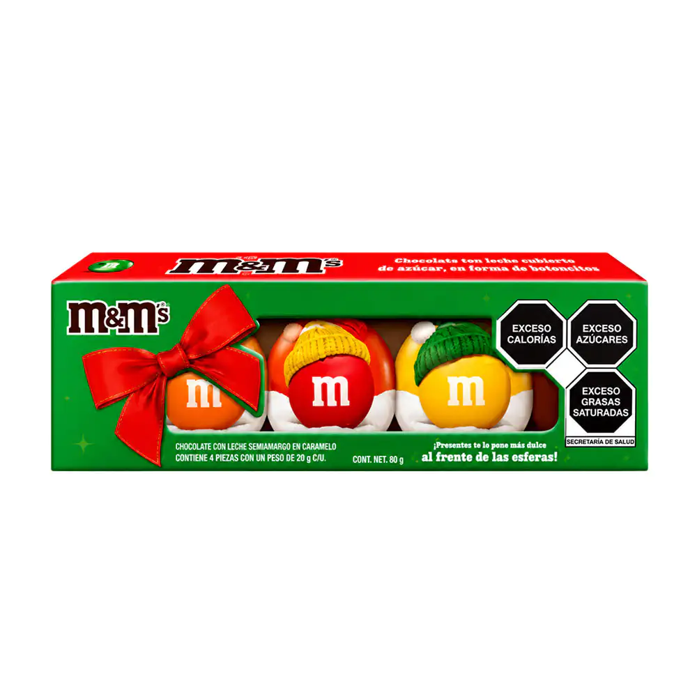 Caja con 3 esferas decorativa m&ms rellenas de chocolates confitados con cacahuate 51g / 100666