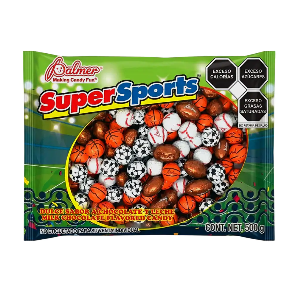 Bolsa con 500g de supersports, dulce sabor chocolate con leche en temática de balones / 107161