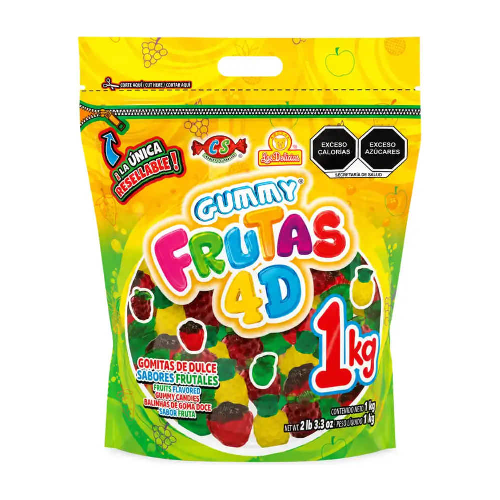 Bolsa de gomitas las delicias de frutas 4d, variedad de sabores, bolsa resellable, 1kg, / 110050
