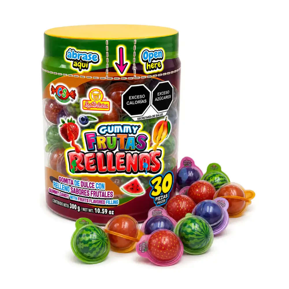 Vitro con 30pzas gummy frutas rellenas, gomita de dulce con relleno sabor frutal 300g / 124033