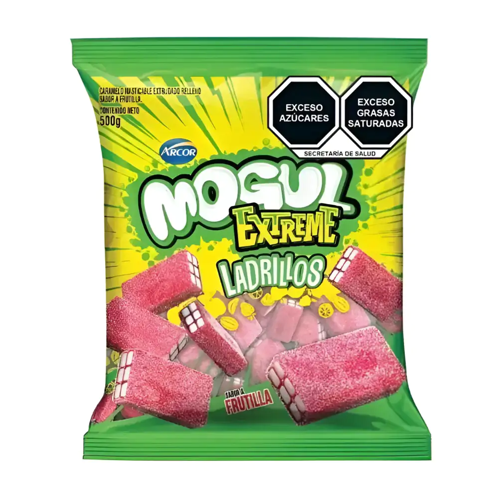 Bolsa de gomitas mogul extreme en forma de ladrillos sabor frutilla, 500g / 141646